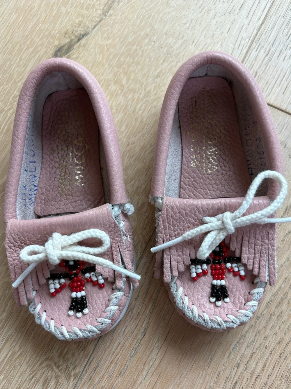Kids Pink Beaded Fringe Minnetonka Moccasin Loafers